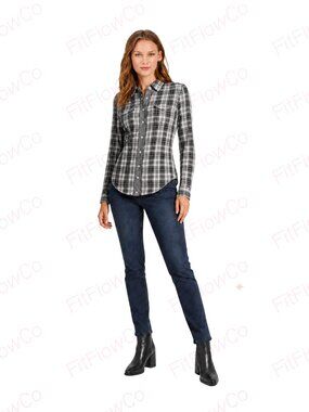 GUESS Jeans Black Gray Plaid Western Snap Shirt Embroidered Back M